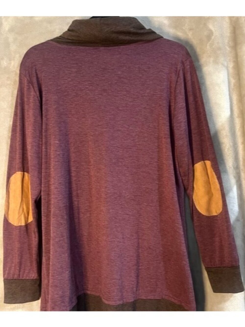 Women's Cowl Neck Scarf Pullover Blouse Turtleneck Burgundy Elbow Patches Tunic - Picture 15 of 16